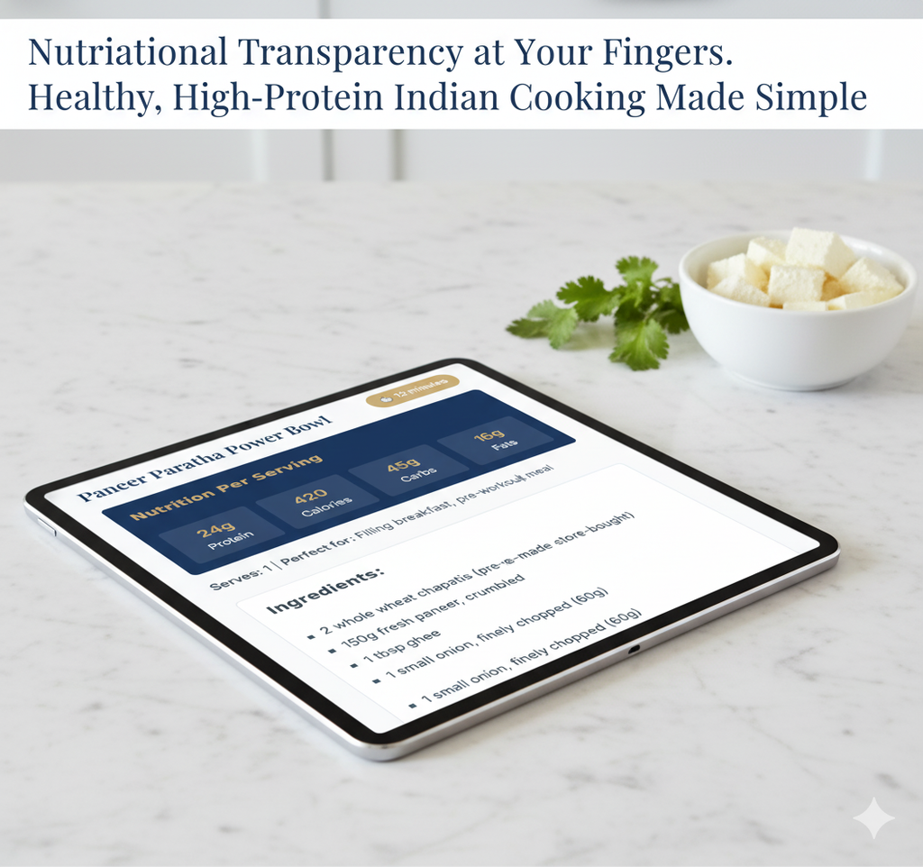 Tablet displaying nutritional information with ingredients on a marblemarble surfacehigh protein Indian recipes, quick Indian meals, 15 minute Indian recipes, Indian protein meals, Indian muscle gain recipeshigh protein Indian food, Indian meal prep recipes, Indian recipes for gym diet, protein rich Indian dinner, easy Indian protein meals.high protein Indian recipes, quick Indian meals, 15 minute Indian recipes, Indian protein meals, Indian muscle gain recipeshigh protein Indian food, Indian meal 