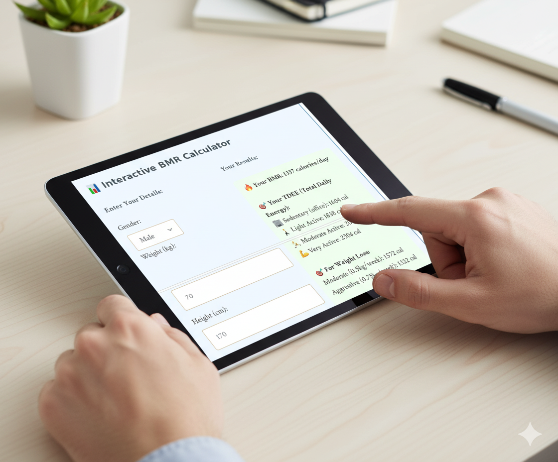 Person using a tablet with an Interactive BMR Calculator on a desk.Indian weight loss course, Indian fat loss program, Indian diet plan for weight loss, online weight loss course India, lose weight with Indian food,	weight loss course for Indians, fat loss course online India, Indian diet for fat loss, Indian calorie deficit plan, Indian home workout program