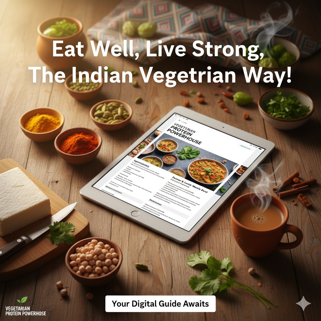 Tablet displaying a digital guide on a wooden table with Indian cuisine ingredients.high protein Indian vegetarian recipes, vegetarian protein guide India, protein rich Indian vegetarian meals, vegetarian bodybuilding diet IndiaIndian vegetarian meal plan for muscle gain, vegetarian protein foods India, high protein vegetarian cookbook India, Indian vegetarian nutrition guide.high protein Indian vegetarian recipes, vegetarian protein guide India, protein rich Indian vegetarian meals, vegetarian bodybuilding