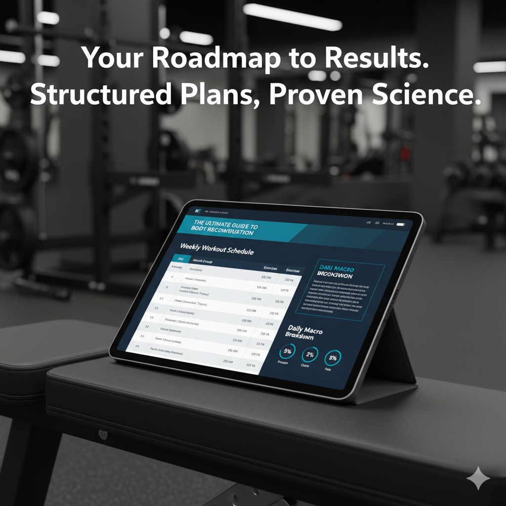 Tablet displaying a fitness app with text 'Your Roadmap to Results. Structured Plans, Proven Science.' in a gym setting.body recomposition guide India, fat loss and muscle gain course, Indian fitness guide, recomposition program, Indian diet for muscle gain and fat lossSecondary Keywords	how to lose fat and build muscle at the same time, body recomposition plan PDF, fitness course India, muscle gain diet Indian, fat loss transformation India,