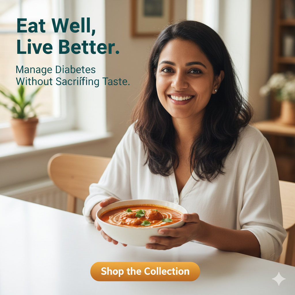 Woman holding a bowl of soup with promotional text about managing diabetes without sacrificing taste.Muscle gain

Fat loss

Indian food

Protein supplements

Vegetarian high-proteiN

diabetic friendly