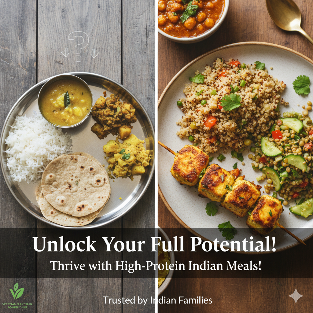 Two plates of Indian food with text promoting high-protein meals.high protein Indian vegetarian recipes, vegetarian protein guide India, protein rich Indian vegetarian meals, vegetarian bodybuilding diet IndiaIndian vegetarian meal plan for muscle gain, vegetarian protein foods India, high protein vegetarian cookbook India, Indian vegetarian nutrition guide.high protein Indian vegetarian recipes, vegetarian protein guide India, protein rich Indian vegetarian meals, vegetarian bodybuilding 