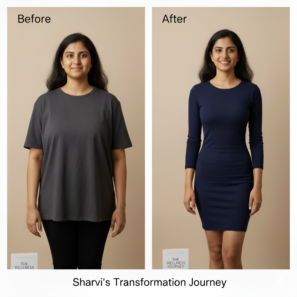 Before and after transformation of a woman wearing a dark gray t-shirt and black pants, now in a navy blue dress.Indian weight loss course, Indian fat loss program, Indian diet plan for weight loss, online weight loss course India, lose weight with Indian food,	weight loss course for Indians, fat loss course online India, Indian diet for fat loss, Indian calorie deficit plan, Indian home workout program