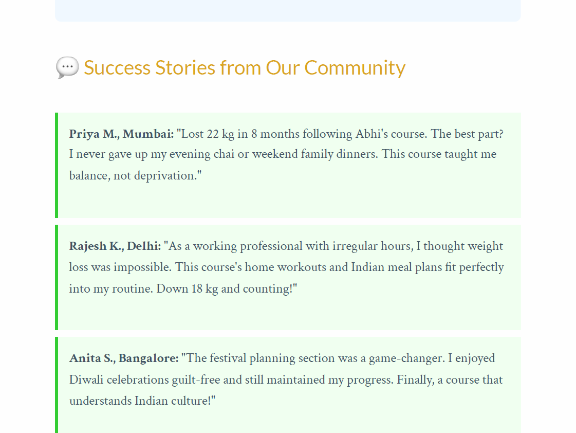 Success stories from a community program on a white background.Indian weight loss course, Indian fat loss program, Indian diet plan for weight loss, online weight loss course India, lose weight with Indian food,	weight loss course for Indians, fat loss course online India, Indian diet for fat loss, Indian calorie deficit plan, Indian home workout program