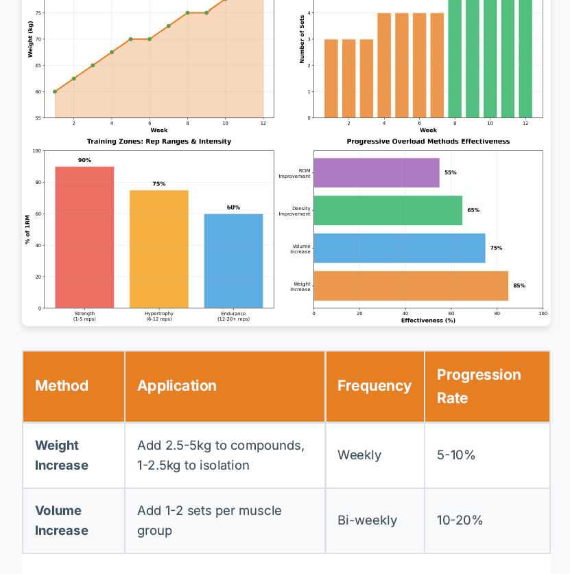 Collage of fitness charts and graphs with text on weight and volume increase methods.