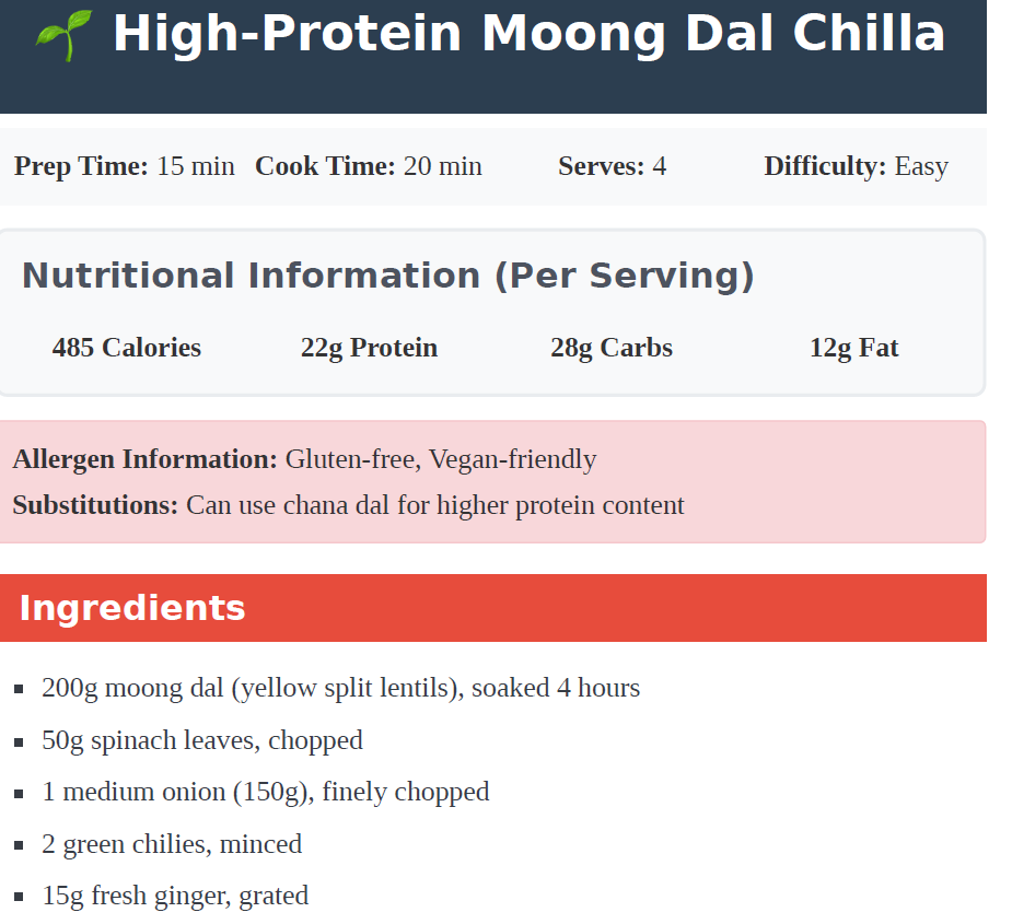Nutritional information and ingredients list for High-Protein Moong Dal Chilla on a white background.High-protein Indian recipes

Protein-rich recipes

Muscle gain

Fat loss

Indian food

Protein supplements

Vegetarian high-proteiN