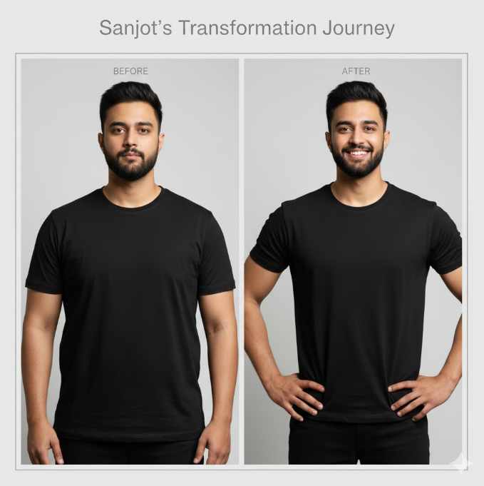 Before and after transformation of a person wearing a black t-shirt on a gray background.Indian weight loss course, Indian fat loss program, Indian diet plan for weight loss, online weight loss course India, lose weight with Indian food,	weight loss course for Indians, fat loss course online India, Indian diet for fat loss, Indian calorie deficit plan, Indian home workout program