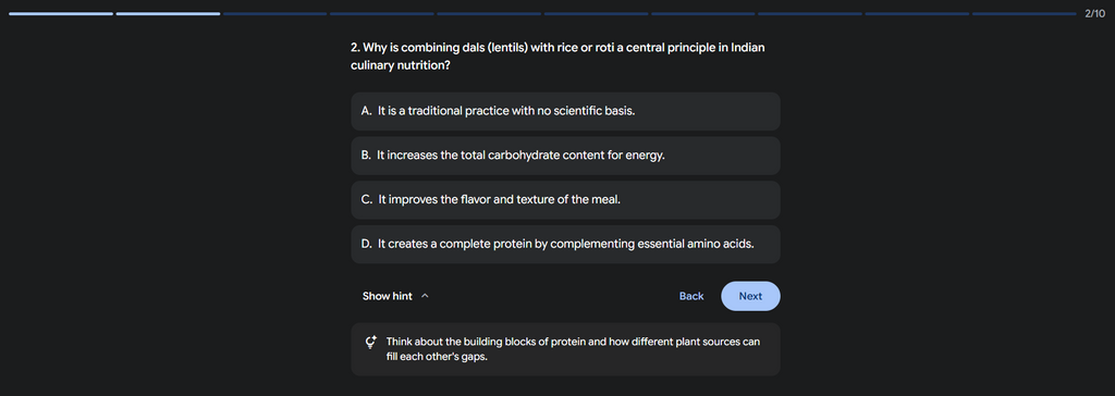 Quiz question about combining dal and rice in Indian cuisine with multiple-choice answers.body recomposition guide India, fat loss and muscle gain course, Indian fitness guide, recomposition program, Indian diet for muscle gain and fat lossSecondary Keywords	how to lose fat and build muscle at the same time, body recomposition plan PDF, fitness course India, muscle gain diet Indian, fat loss transformation India,