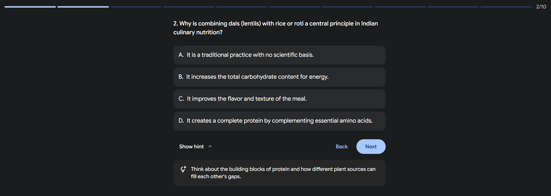 Quiz question about combining dal and rice in Indian cuisine with multiple-choice answers.body recomposition guide India, fat loss and muscle gain course, Indian fitness guide, recomposition program, Indian diet for muscle gain and fat lossSecondary Keywords	how to lose fat and build muscle at the same time, body recomposition plan PDF, fitness course India, muscle gain diet Indian, fat loss transformation India,
