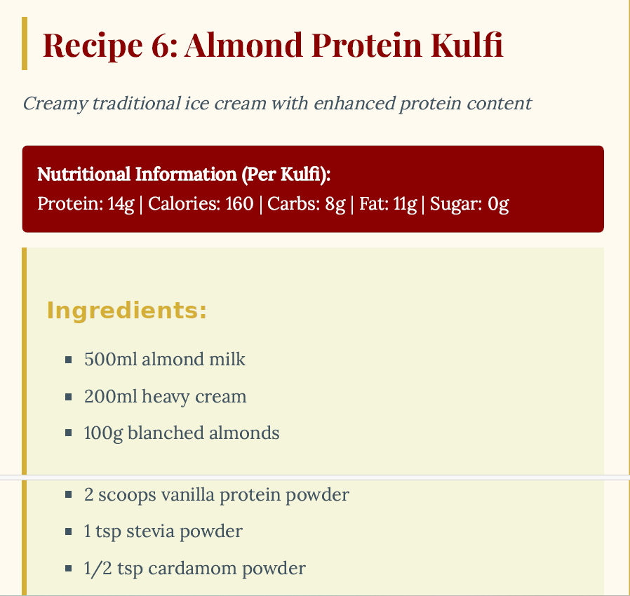 Recipe card for Almond Protein Kulfi with nutritional information and ingredients listed.zero sugar Indian desserts, high protein Indian desserts, sugar-free Indian sweets, healthy Indian desserts, guilt-free desserts India