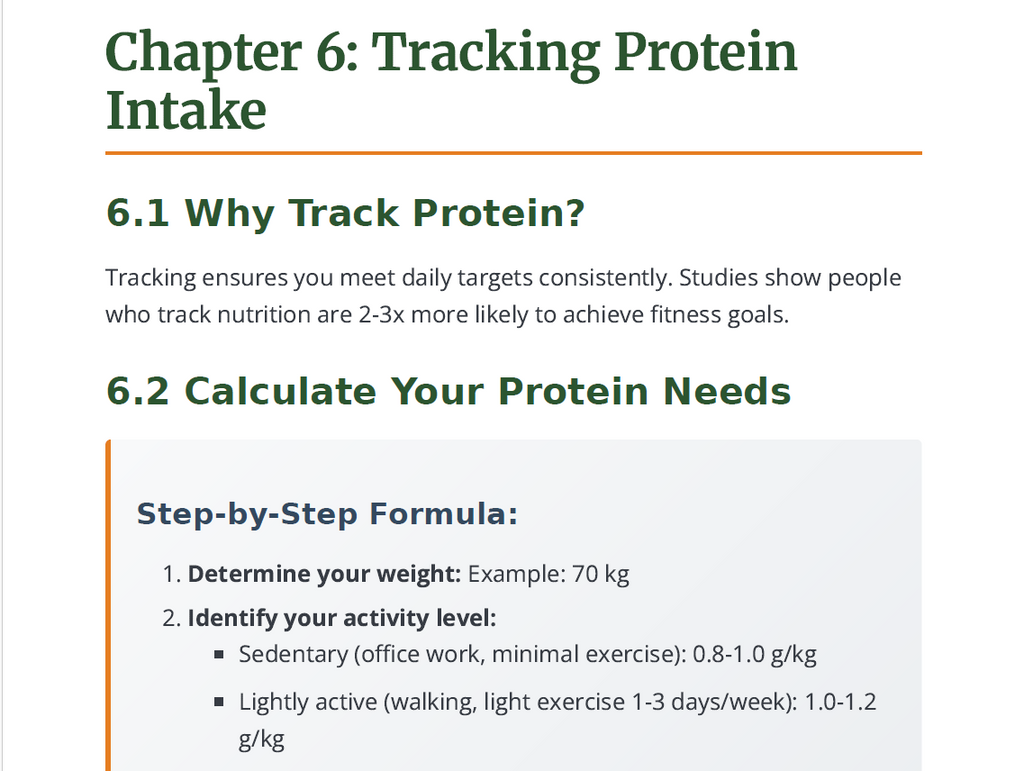 Section of a document titled 'Chapter 6: Tracking Protein Intake' with text on why track protein and a step-by-step formula.high protein Indian vegetarian recipes, vegetarian protein guide India, protein rich Indian vegetarian meals, vegetarian bodybuilding diet IndiaIndian vegetarian meal plan for muscle gain, vegetarian protein foods India, high protein vegetarian cookbook India, Indian vegetarian nutrition guide.high protein Indian vegetarian recipes, vegetarian protein guide India, protein rich Indian 