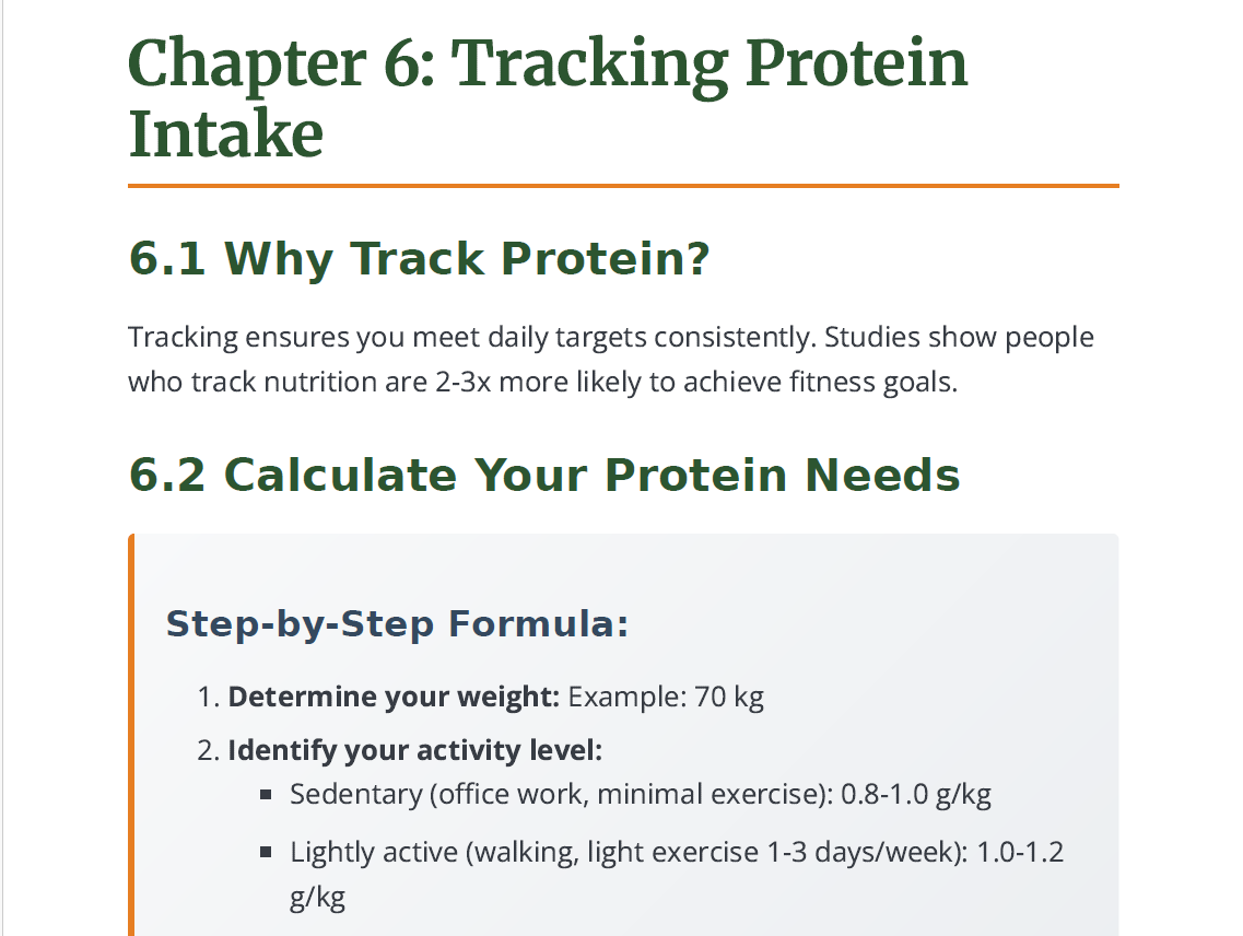 Section of a document titled 'Chapter 6: Tracking Protein Intake' with text on why track protein and a step-by-step formula.high protein Indian vegetarian recipes, vegetarian protein guide India, protein rich Indian vegetarian meals, vegetarian bodybuilding diet IndiaIndian vegetarian meal plan for muscle gain, vegetarian protein foods India, high protein vegetarian cookbook India, Indian vegetarian nutrition guide.high protein Indian vegetarian recipes, vegetarian protein guide India, protein rich Indian 
