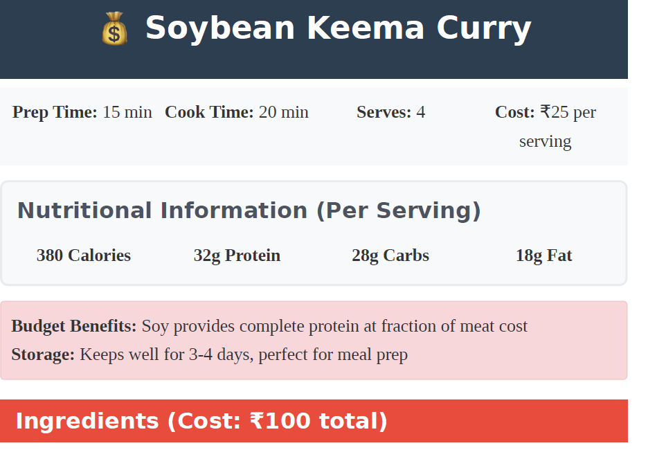 Nutritional information and ingredients list for Soybean Keema Curry on a white background.High-protein Indian recipes

Protein-rich recipes

Muscle gain

Fat loss

Indian food

Protein supplements

Vegetarian high-protei