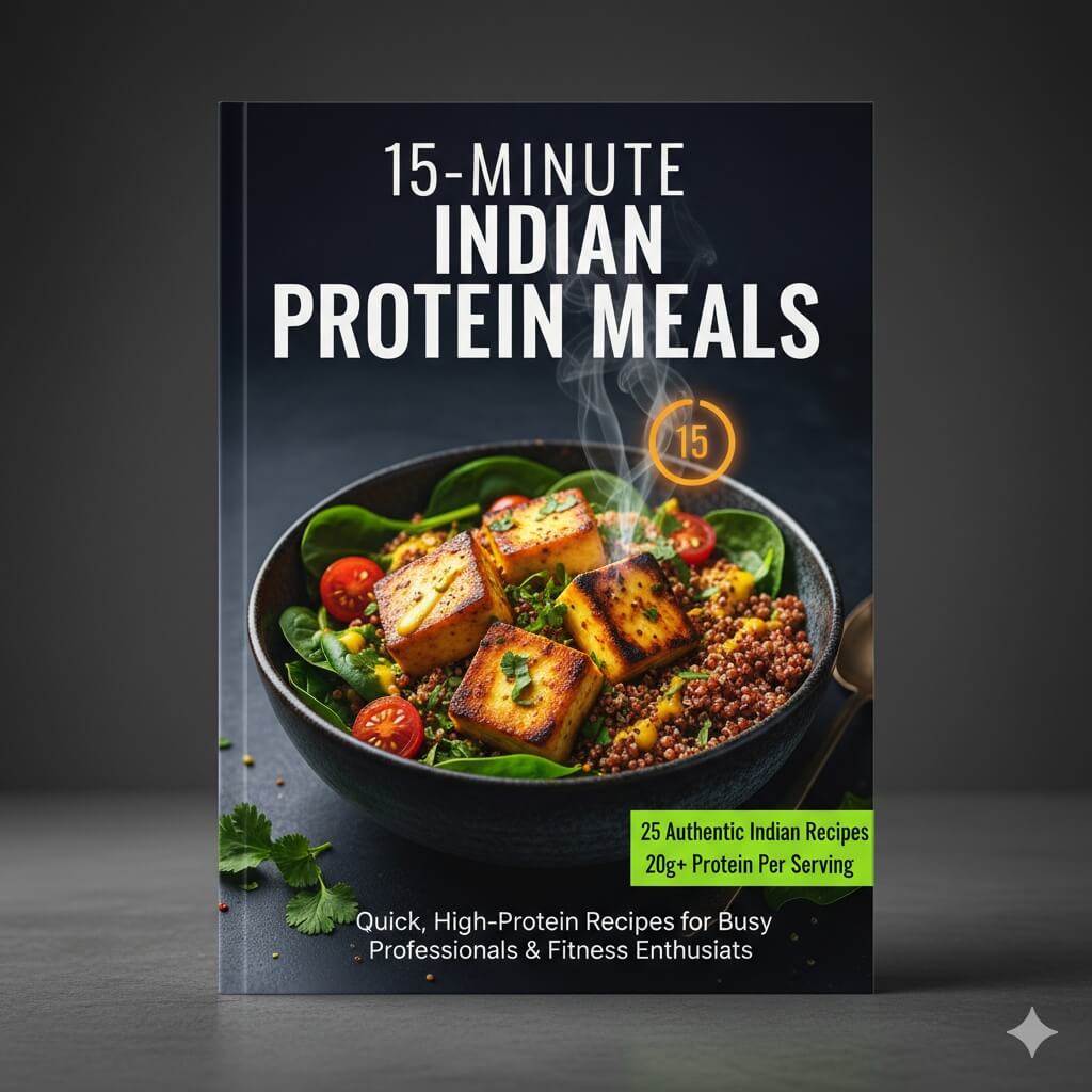 Book cover of '15-Minute Indian Protein Meals' with a protein-rich dish on a dark background.high protein Indian recipes, quick Indian meals, 15 minute Indian recipes, Indian protein meals, Indian muscle gain recipeshigh protein Indian food, Indian meal prep recipes, Indian recipes for gym diet, protein rich Indian dinner, easy Indian protein meals.high protein Indian recipes, quick Indian meals, 15 minute Indian recipes, Indian protein meals, Indian muscle gain recipeshigh protein Indian food, Indian meal 