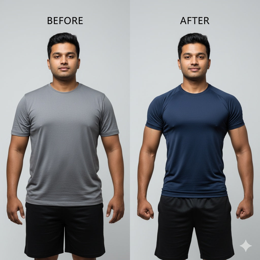 Before and after comparison of a person wearing gray and navy athletic shirts on a plain background.Indian muscle building course, muscle building program India, high protein Indian diet for muscle gain, Indian workout course, natural muscle gain India	.vegetarian muscle building India, Indian gym workout plan, Indian meal plan for muscle gain, build muscle without supplements, affordable fitness course India