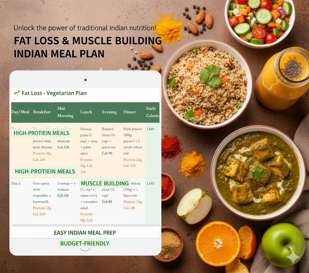 Indian meal plan for fat loss and muscle building with various dishes and ingredients on a table.high-protein Indian meals

Indian nutrition guide

7-day Indian diet plan

Indian meal plan for fat loss

Indian meal plan for muscle building

protein-rich Indian recipes

vegetarian Indian muscle-building diet

weight loss Indian diet

healthy Indian meal prep

high-protein vegetarian recipes India

affordable Indian fitness meal plan