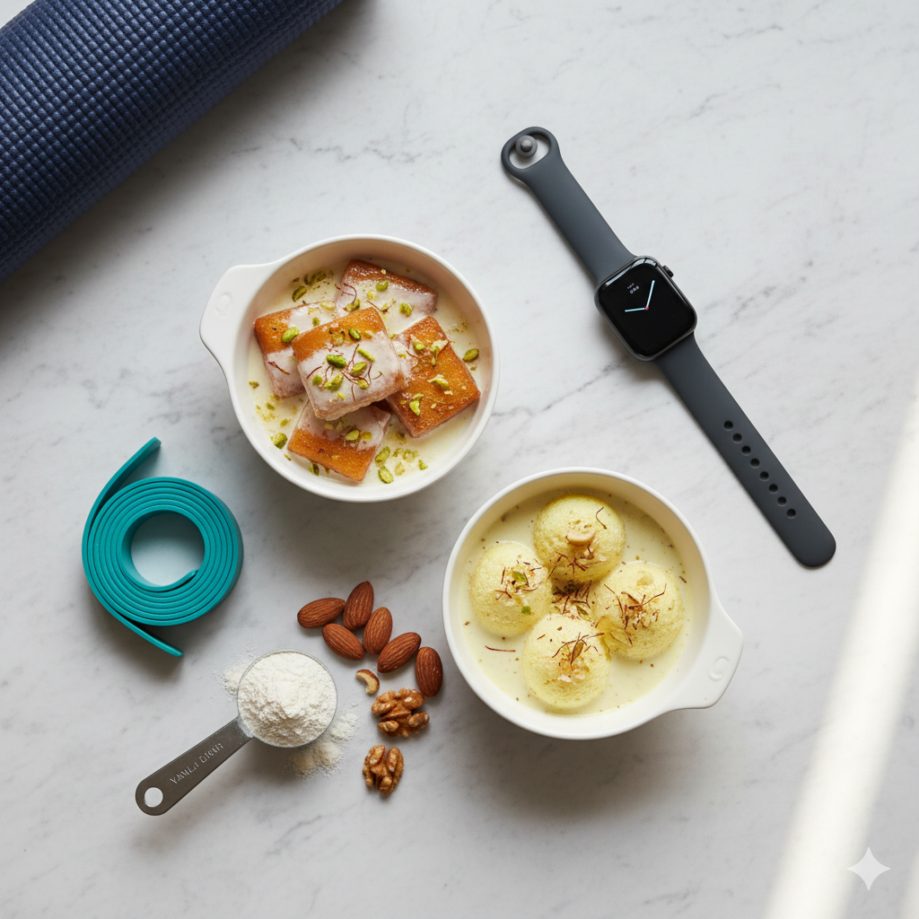 Two bowls of dessert with a watch, measuring cup, and nuts on a marble surface.zero sugar Indian desserts, high protein Indian desserts, sugar-free Indian sweets, healthy Indian desserts, guilt-free desserts India