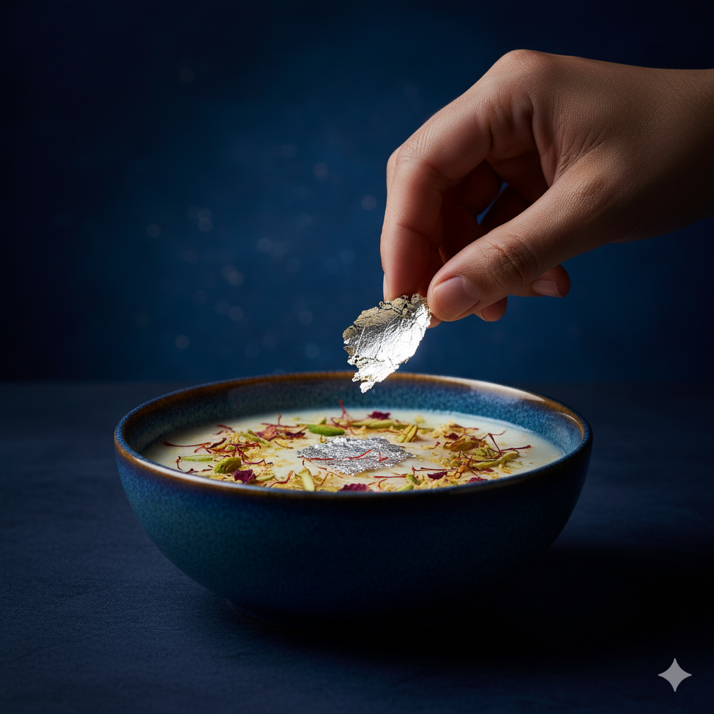 Hand holding a silver leaf above a bowl of soup with a dark background.zero sugar Indian desserts, high protein Indian desserts, sugar-free Indian sweets, healthy Indian desserts, guilt-free desserts India