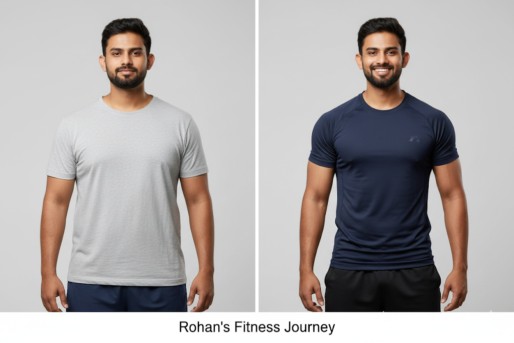 Two images of a man wearing different t-shirts against a gray background, labeled 'Rohan's Fitness Journey'.Indian weight loss course, Indian fat loss program, Indian diet plan for weight loss, online weight loss course India, lose weight with Indian food,	weight loss course for Indians, fat loss course online India, Indian diet for fat loss, Indian calorie deficit plan, Indian home workout program